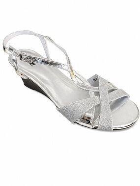 Fioni Grace Wedge Sandals Women’s 8.5M Silver Shimmer Dressy Ankle Strap NWT